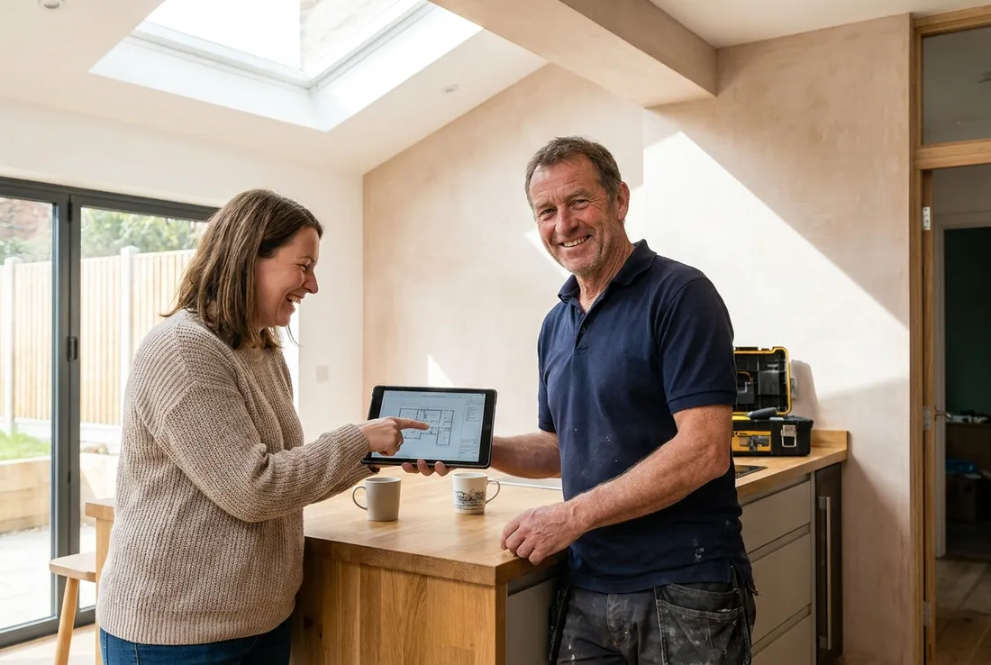 A friendly local tradesperson and a homeowner reviewing renovation plans together on a tablet in a bright home