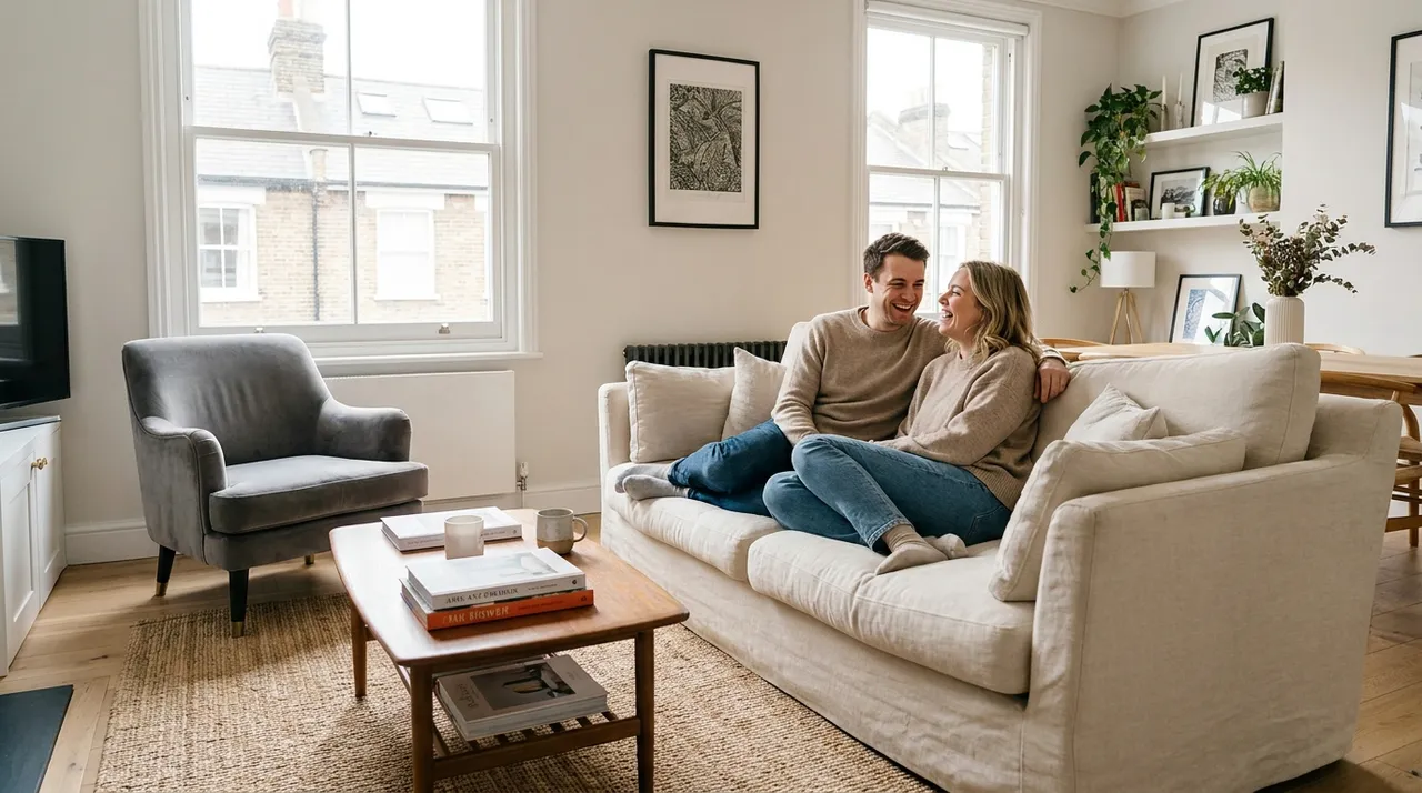 A happy couple relaxing in their bright, newly renovated living room