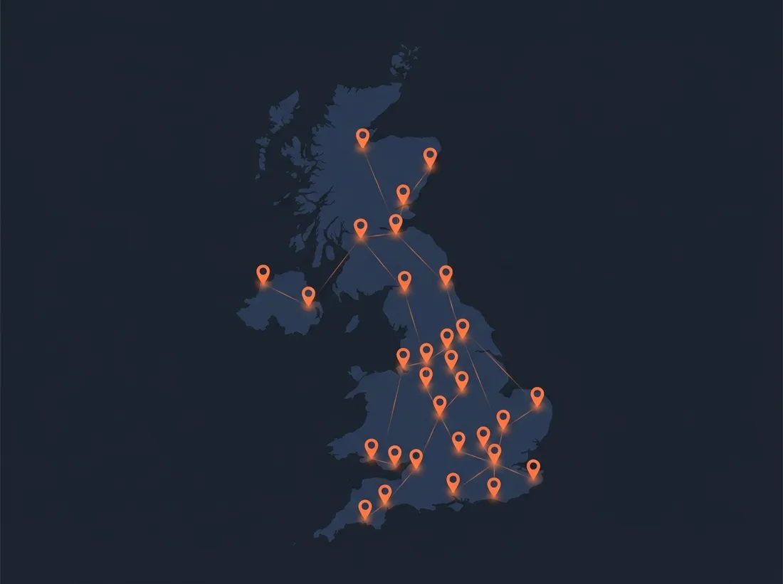 A map of Great Britain marked with location pins showing Renomate's network of local renovation trades across England, Scotland and Wales