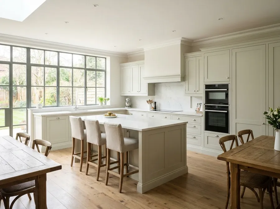 A modern open-plan kitchen renovation with sage-green shaker cabinets, a central island and quartz worktops