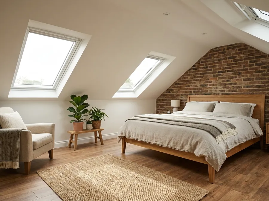 A bright loft conversion bedroom with sloped ceilings and Velux roof windows