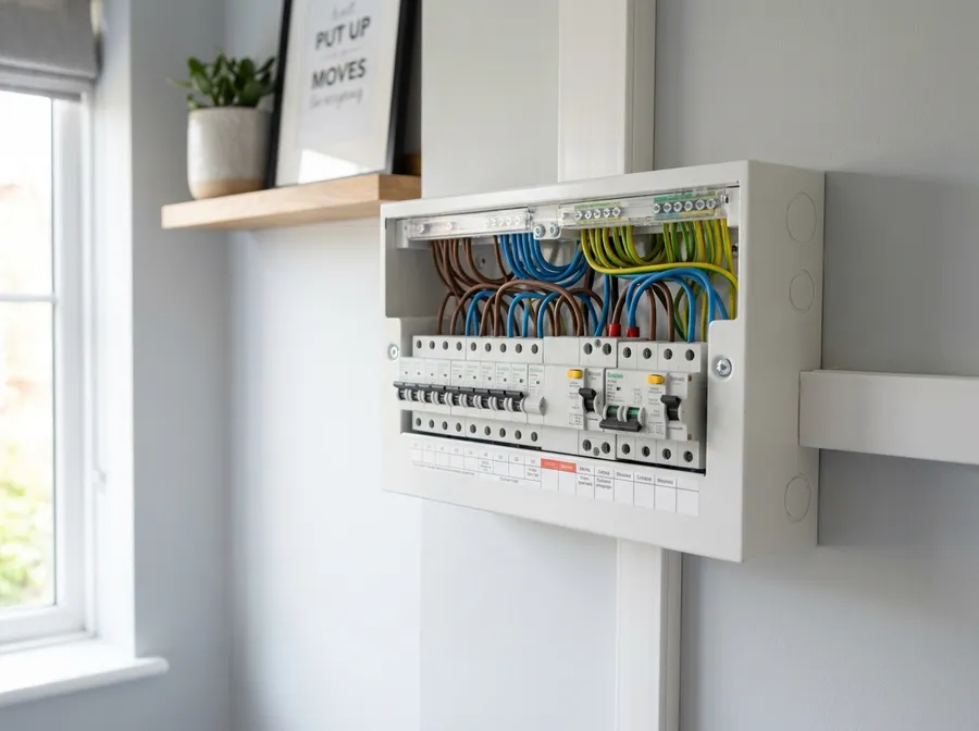 A newly installed consumer unit with neat, colour-coded wiring, fitted by a vetted electrician